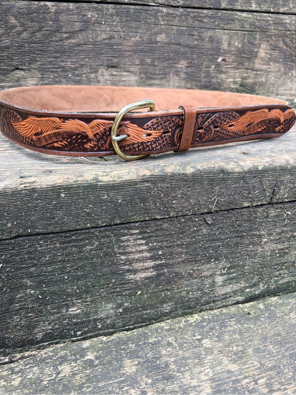Tooled Eagle Top Grain Leather Western Belt in Rich Chestnut Brown